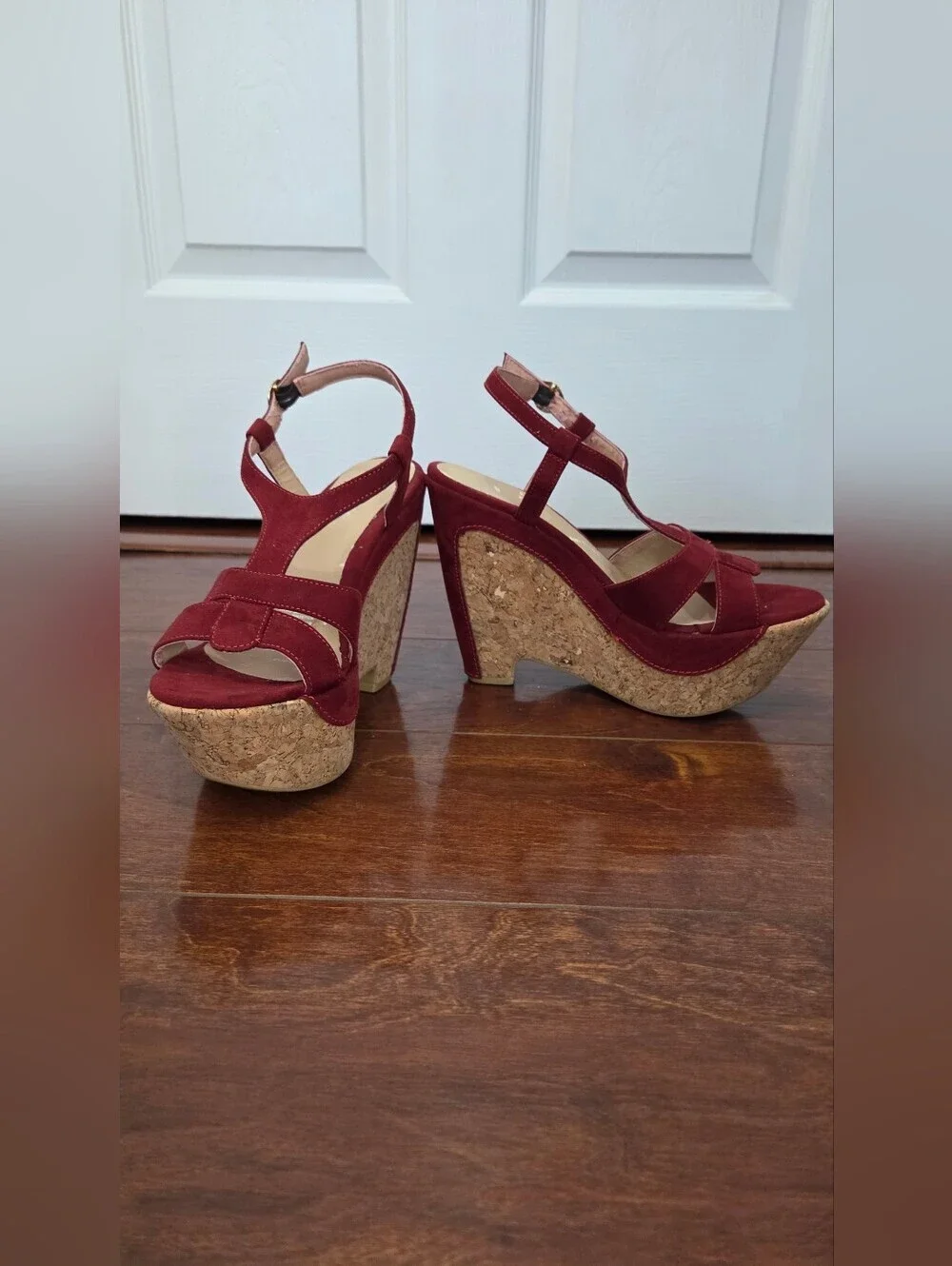 ANDREA Red Microsuede Cork Platform Wedge Sandals with Ankle Straps Size 7